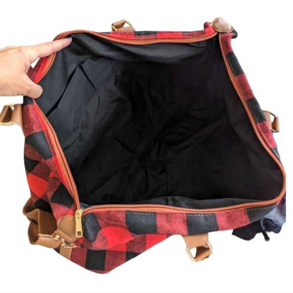 Buffalo Plaid & Leopard Print Weekender Travel Bag W/Brown Faux Leather Accent - Picture 6 of 6